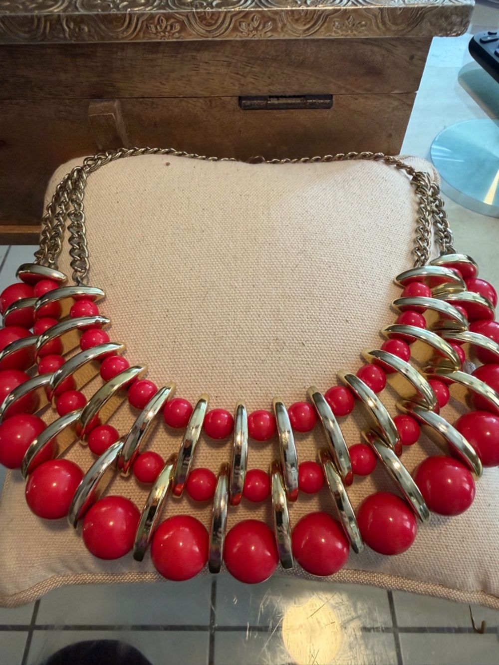 Gold-Tone Statement Necklace with Red Beads